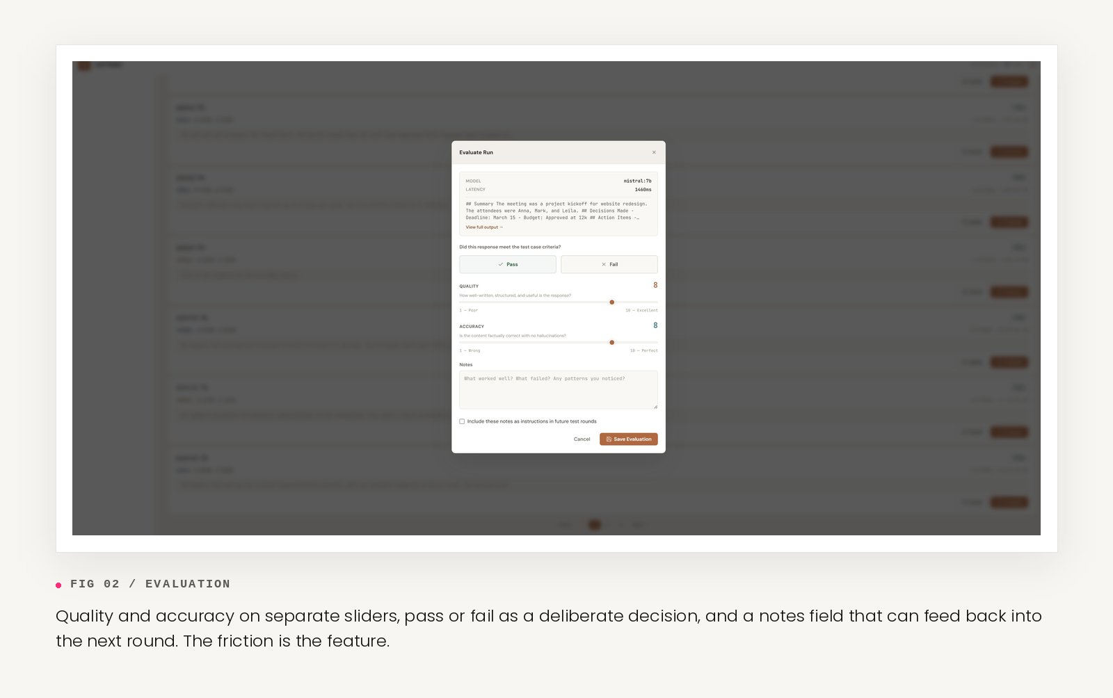 Evaluation modal with separate quality and accuracy sliders, pass/fail decision, and notes field